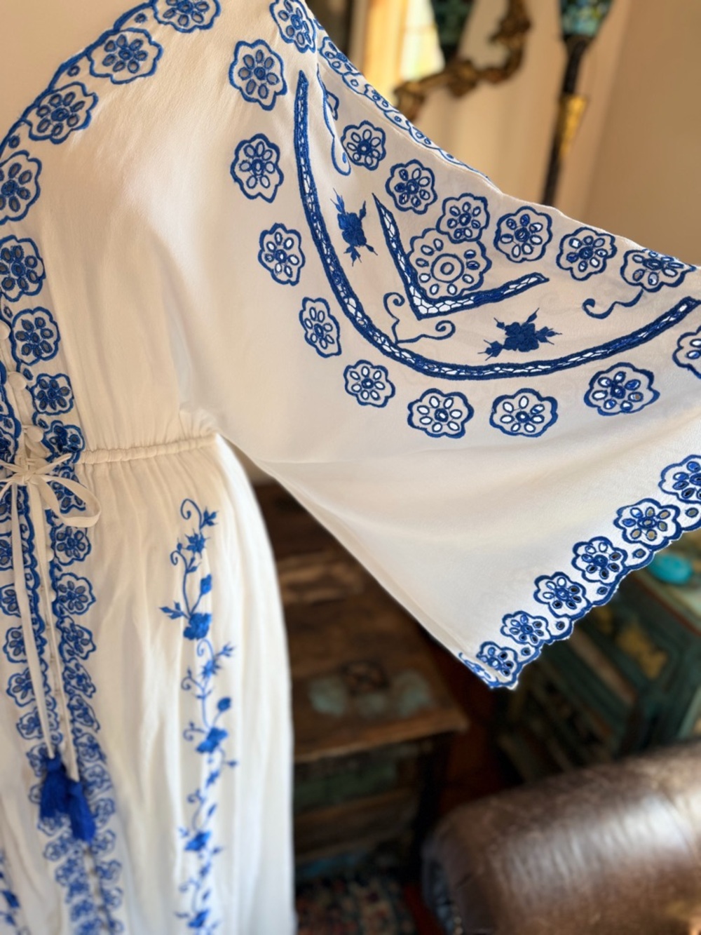 Fillyboo White Maxi Dress with Blue Embroidery and Tassel Drawstring - Picture 6 of 8